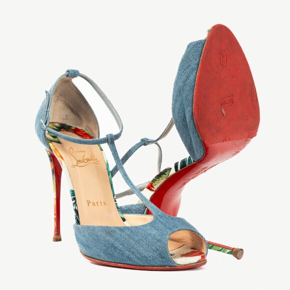 Christian Louboutin Senora 100 Blue & White Jeans / Calf Hawaii T-Strap Sandals - Picture 4 of 12
